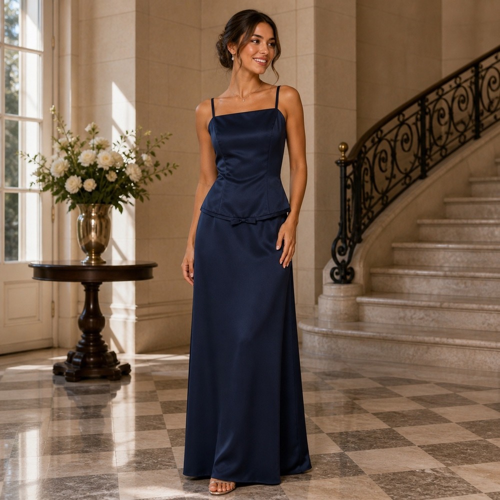 Da Vinci Midnight Navy Satin 2 Piece Peplum Maxi Dress Set Formal Prom Elegant‎